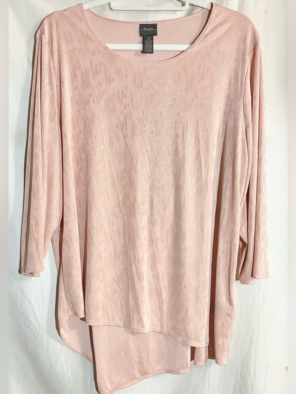 Chicos Travelers Slinky Pink Tunic Top Sz 3-US XL Gold Thread Asymmetric Hem